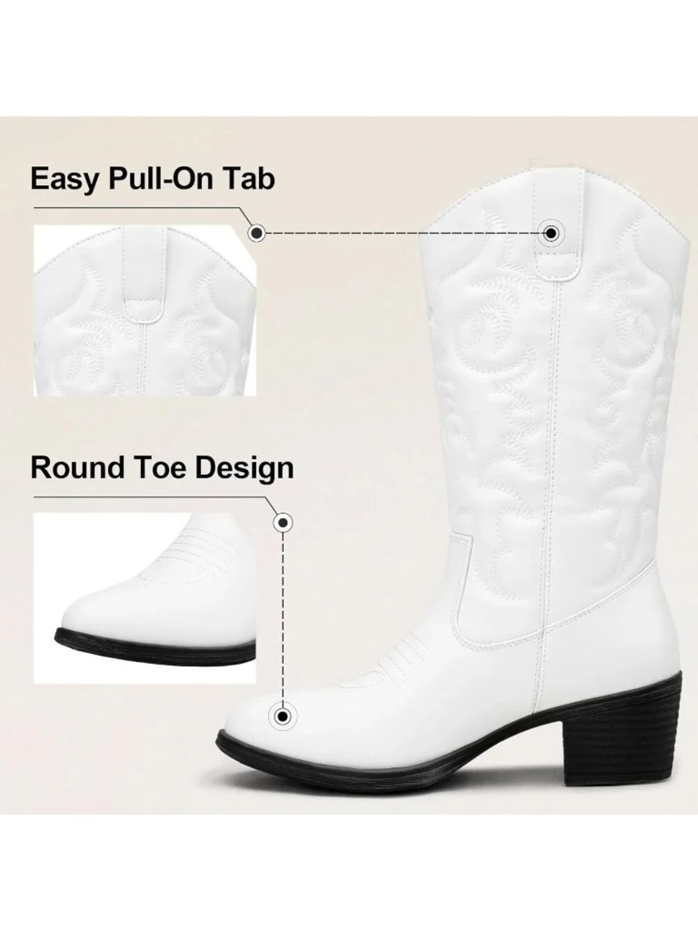 Women's white Leather Cowboy Western Cowgirl Round Toe Mid Calf Boot - Picture 4 of 6